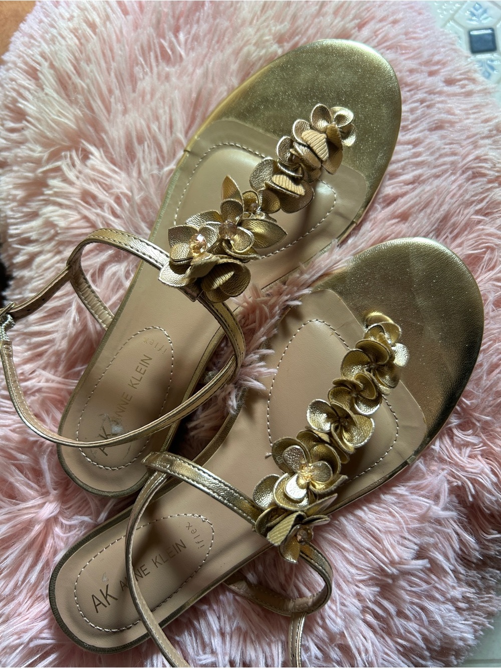 Anne Klein Metallic Gold Floral T-Strap Sandals